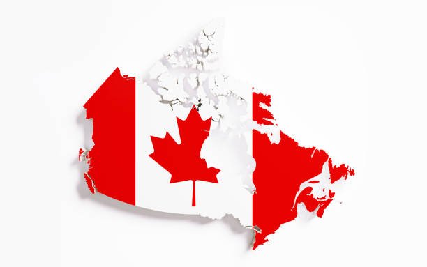 Canadian international border textured with Canadian flag on white background. Horizontal composition with clipping path and copy space. Directly above. Great use for Canada related concepts.
